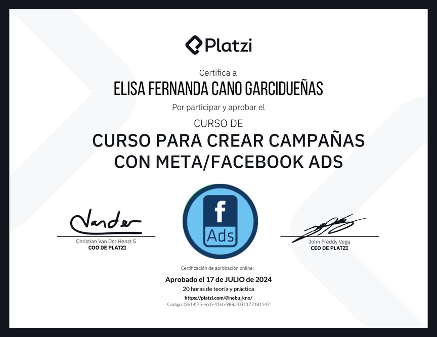 Diploma del Curso para Crear Campañas con Meta/Facebook Ads