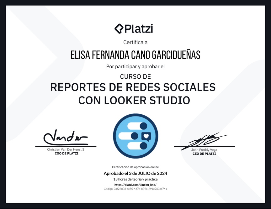 Diploma del Curso de Generación de Reportes de Redes Sociales con Looker Studio