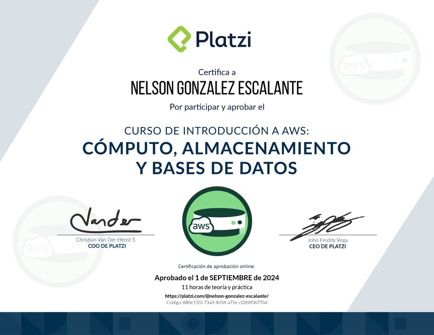 Diploma del Curso de Introducción a AWS: Cómputo, Almacenamiento y Bases de Datos