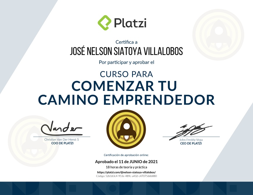 Diploma del Curso para Comenzar tu Camino Emprendedor