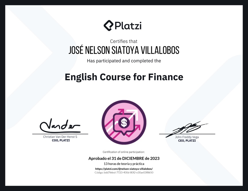 Diploma del Curso de Inglés para Finanzas (2020)