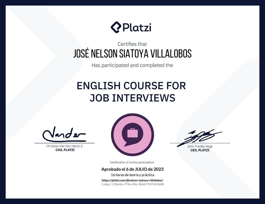 Diploma del Curso de Inglés para Entrevistas de Trabajo