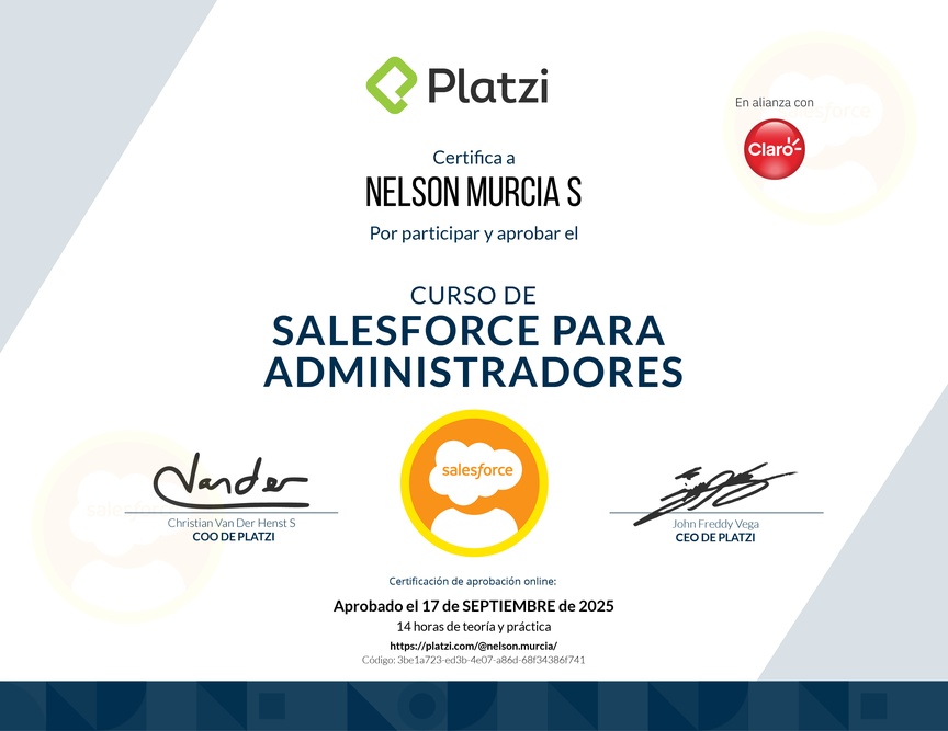 Diploma del Curso de Salesforce para Administradores