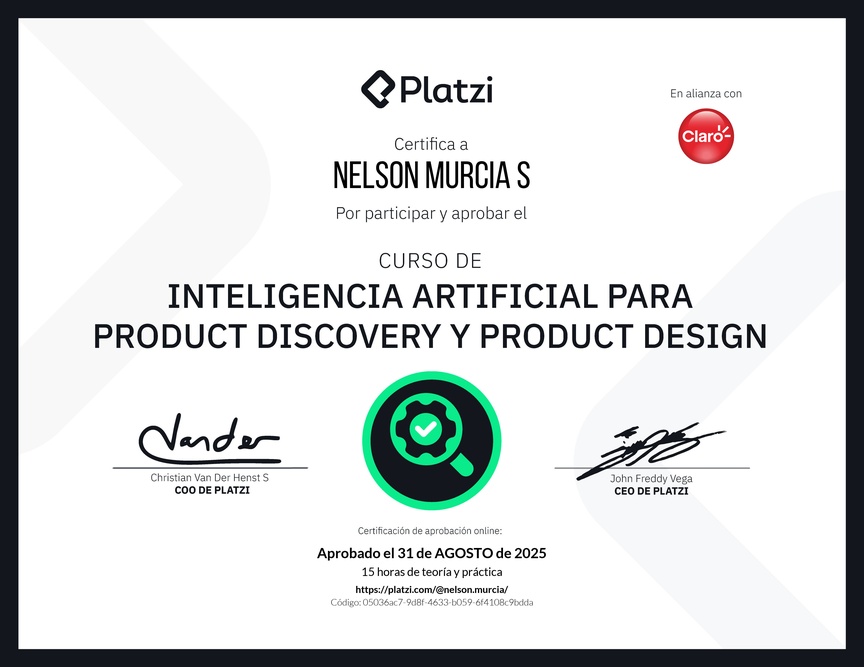 Diploma del Curso de Inteligencia Artificial para Product Discovery y Product Design: Herramientas y Técnicas