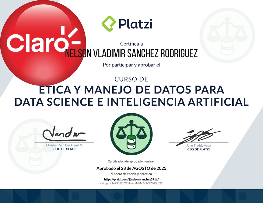 Diploma del Curso de Ética y Manejo de Datos para Data Science e Inteligencia Artificial