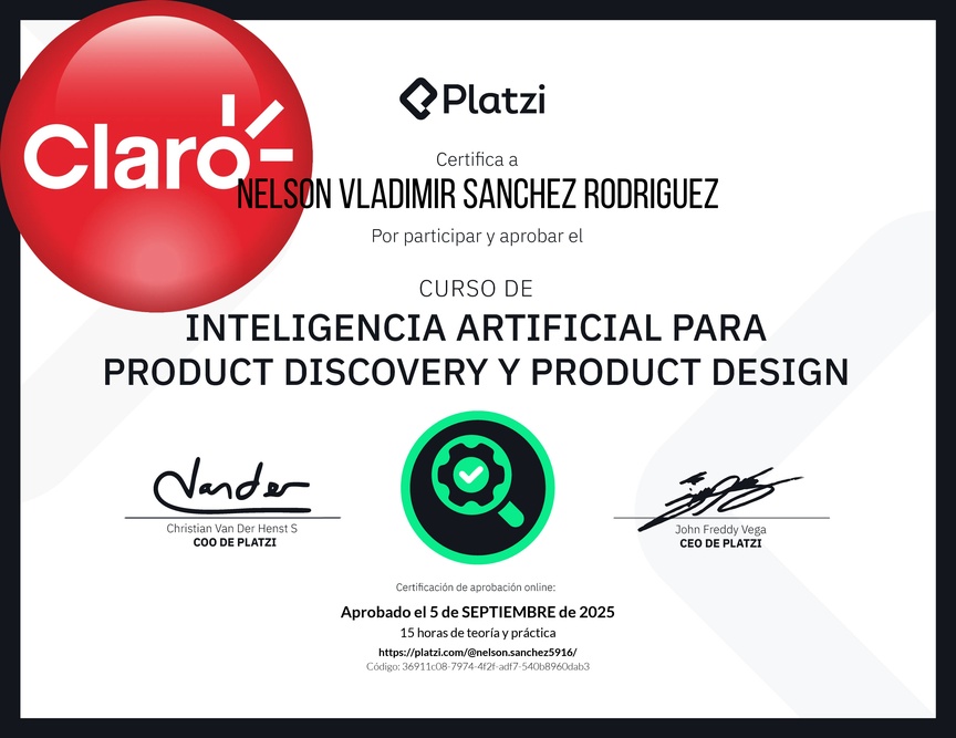 Diploma del Curso de Inteligencia Artificial para Product Discovery y Product Design: Herramientas y Técnicas