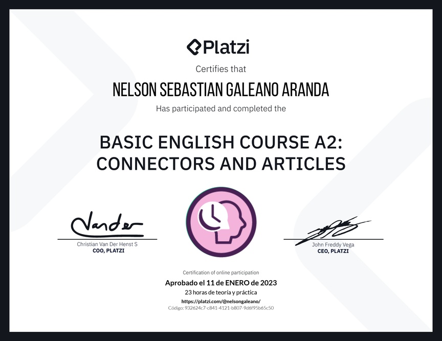 Diploma del Curso de Inglés Básico A2: Conectores y Artículos