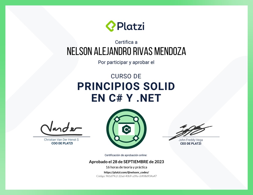Diploma del Curso de Principios SOLID en C# y .NET