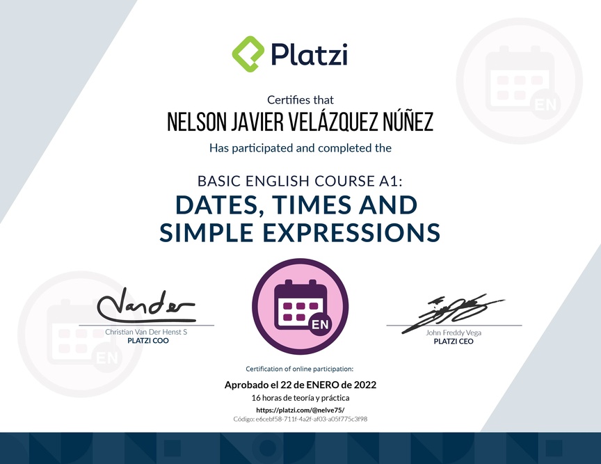 Diploma del Curso de Inglés Básico A1: Fechas, Horas y Expresiones Simples