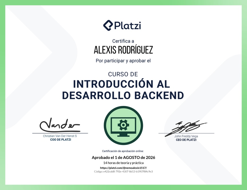 Diploma del Curso de Introducción al Desarrollo Backend