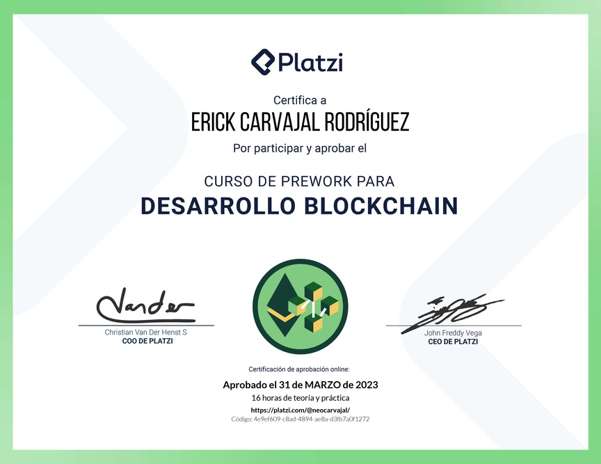 Diploma del Curso de Prework para Desarrollo de Aplicaciones Blockchain