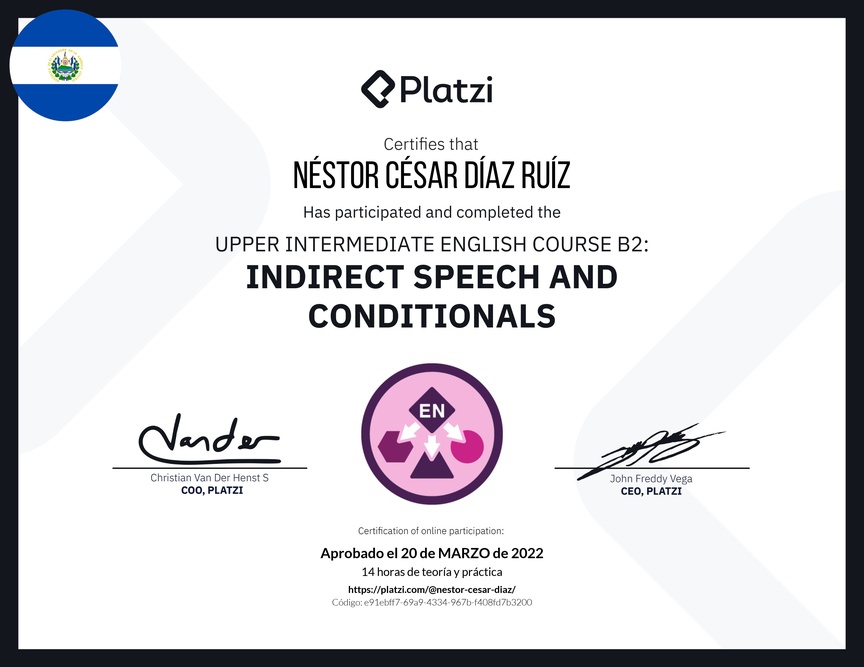 Diploma del Curso de Inglés Intermedio Alto B2: Discurso Indirecto y Condicionales