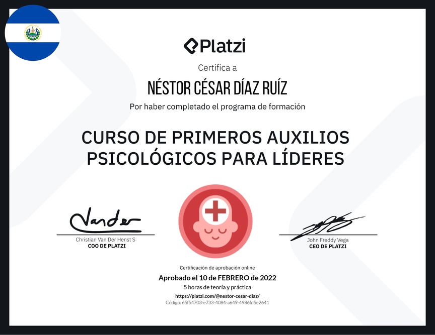 Diploma del Curso de Primeros Auxilios Psicológicos para Líderes