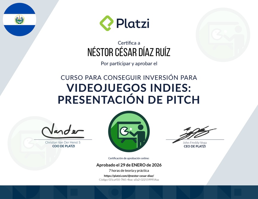 Diploma del Curso para Conseguir Inversión para Videojuegos: Presentación de Pitch