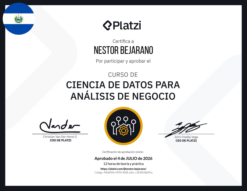 Diploma del Curso de Ciencia de Datos para Análisis de Negocio
