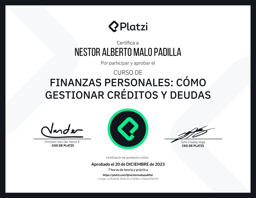 Diploma del Curso de Finanzas Personales: Cómo Gestionar Créditos y Deudas
