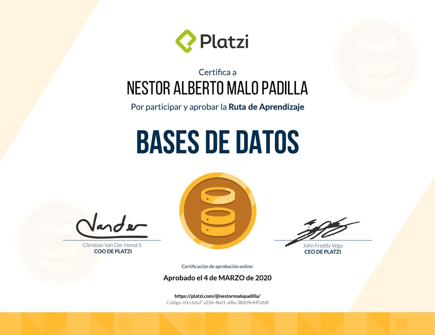 Diploma de la Ruta de Aprendizaje de Bases de datos desde cero