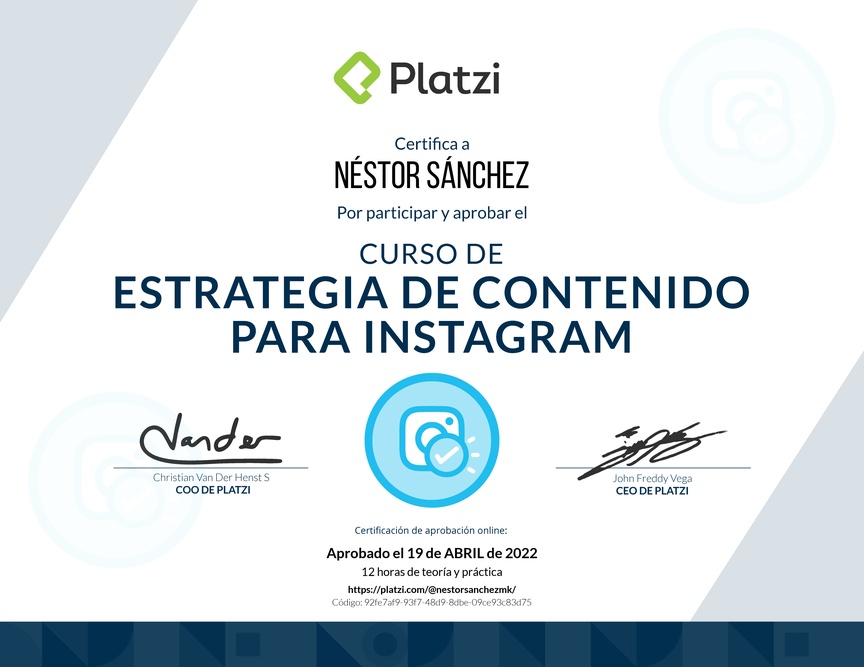Diploma del Curso de Estrategia de Contenido para Instagram