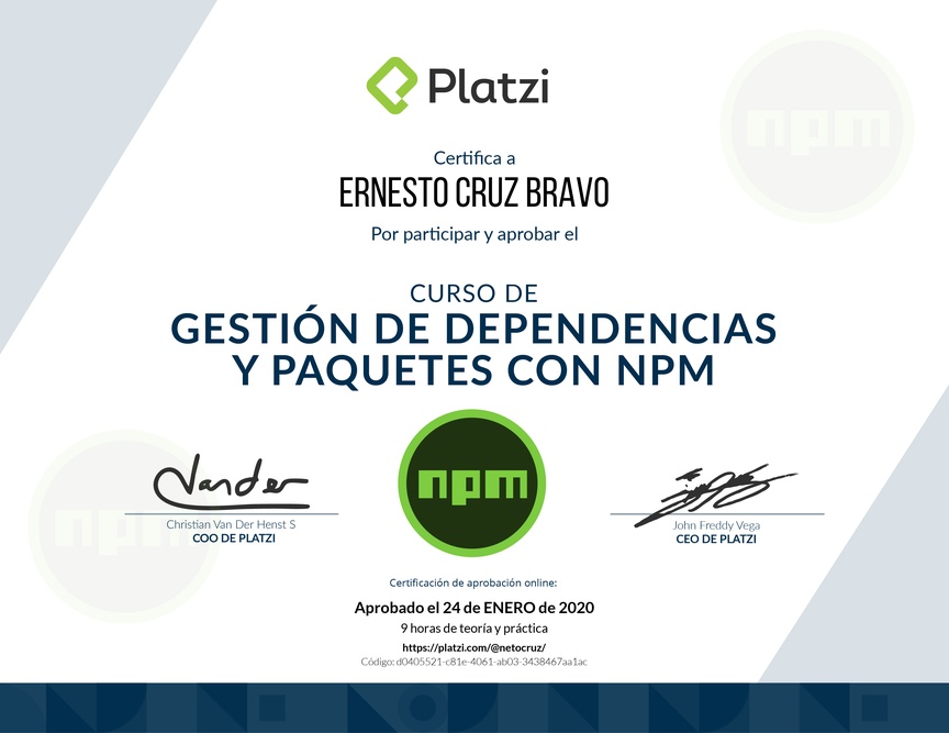 Diploma del Curso de Gestión de Dependencias y Paquetes con NPM