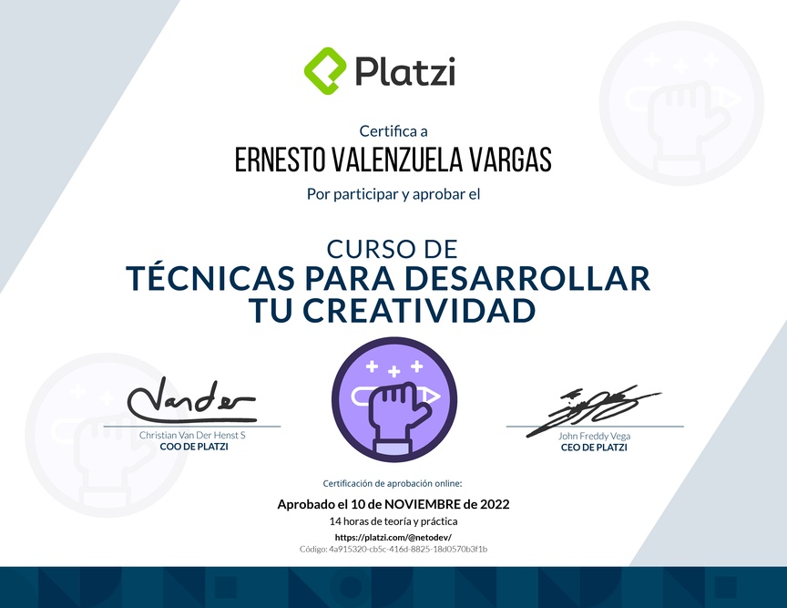 Diploma del Curso para Desarrollar tu Creatividad: Técnicas y Hábitos