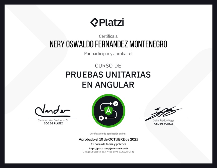 Diploma del Curso de Pruebas Unitarias en Angular