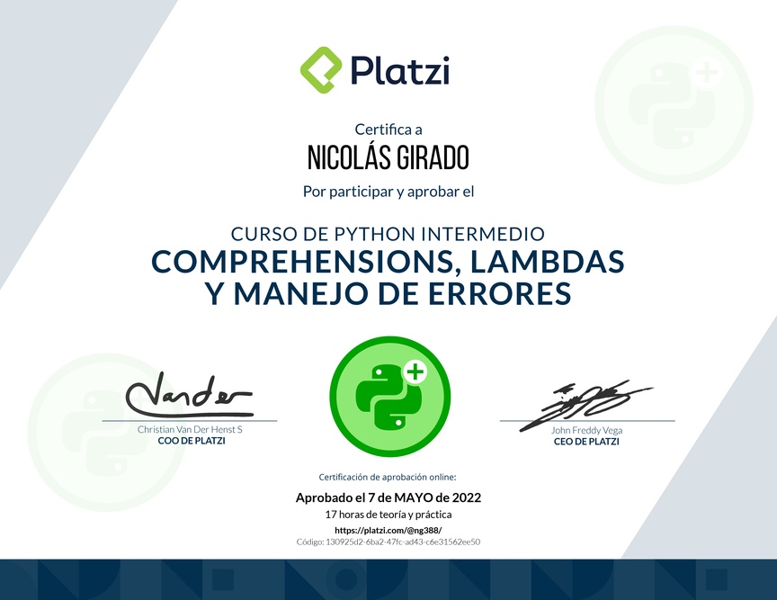 Diploma del Curso de Python Intermedio: Comprehensions, Lambdas y Manejo de Errores