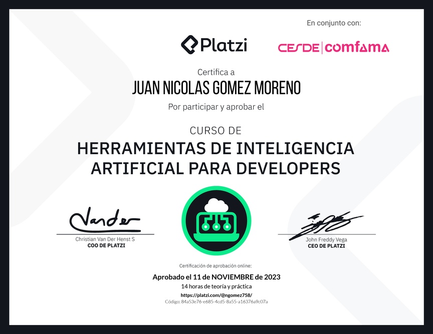 Diploma del Curso de Herramientas de Inteligencia Artificial para Developers (2023)