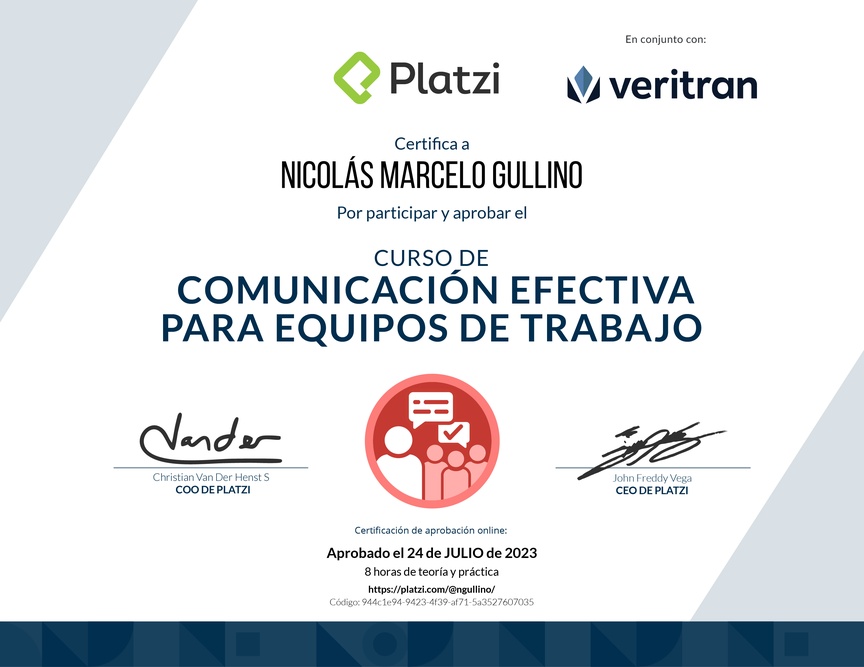 Diploma del Curso de Comunicación Efectiva para Equipos de Trabajo