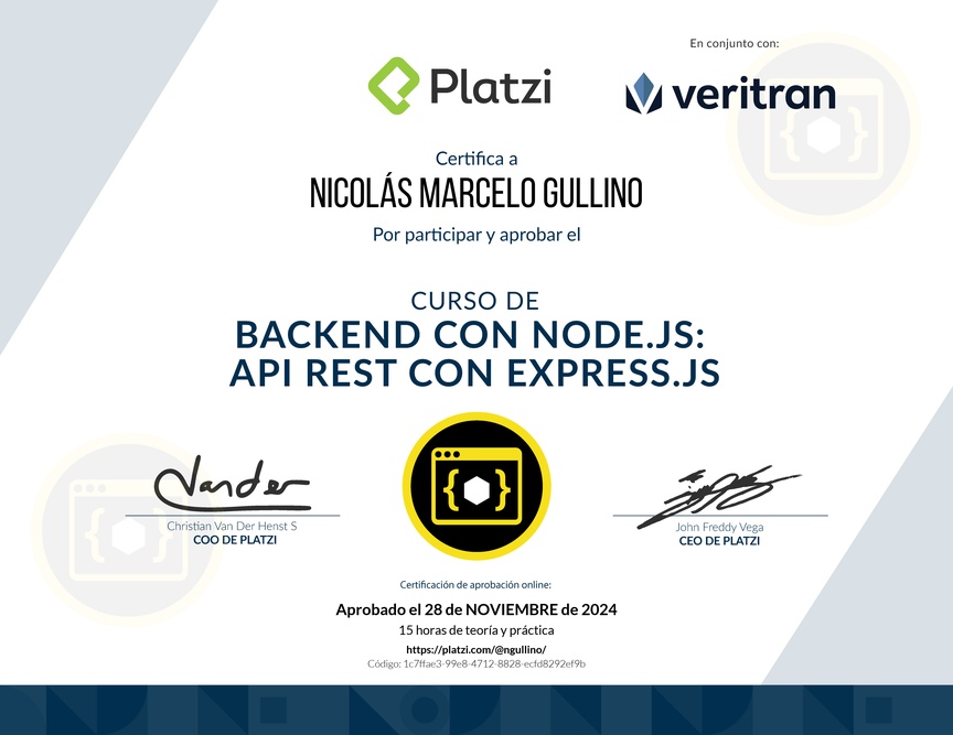 Diploma del Curso de Backend con Node.js: API REST con Express.js