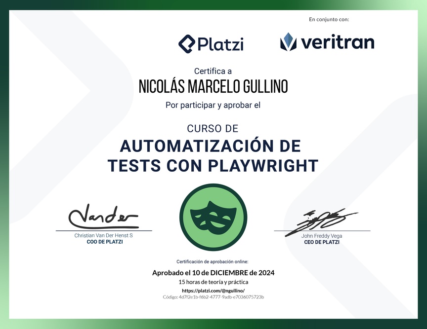 Diploma del Curso de Automatización de Test con Playwright