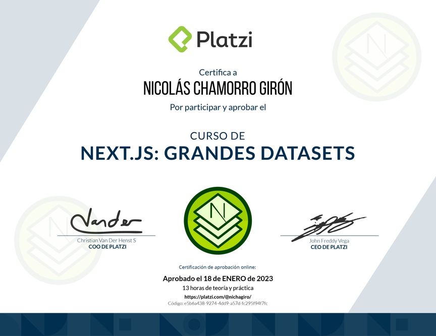 Diploma del Curso de Next.js: Optimización y Manejo de Grandes Datasets