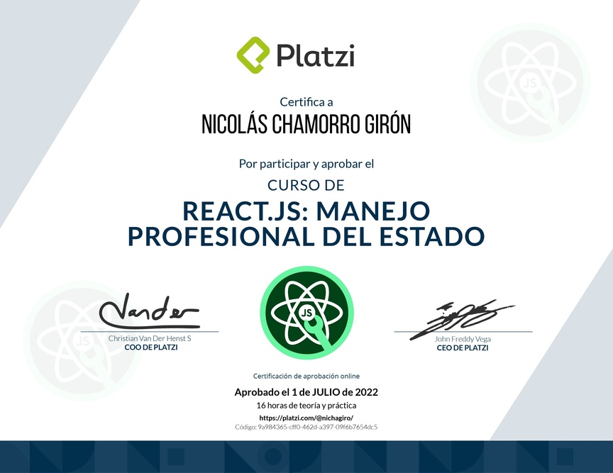 Diploma del Curso de React.js: Manejo Profesional del Estado