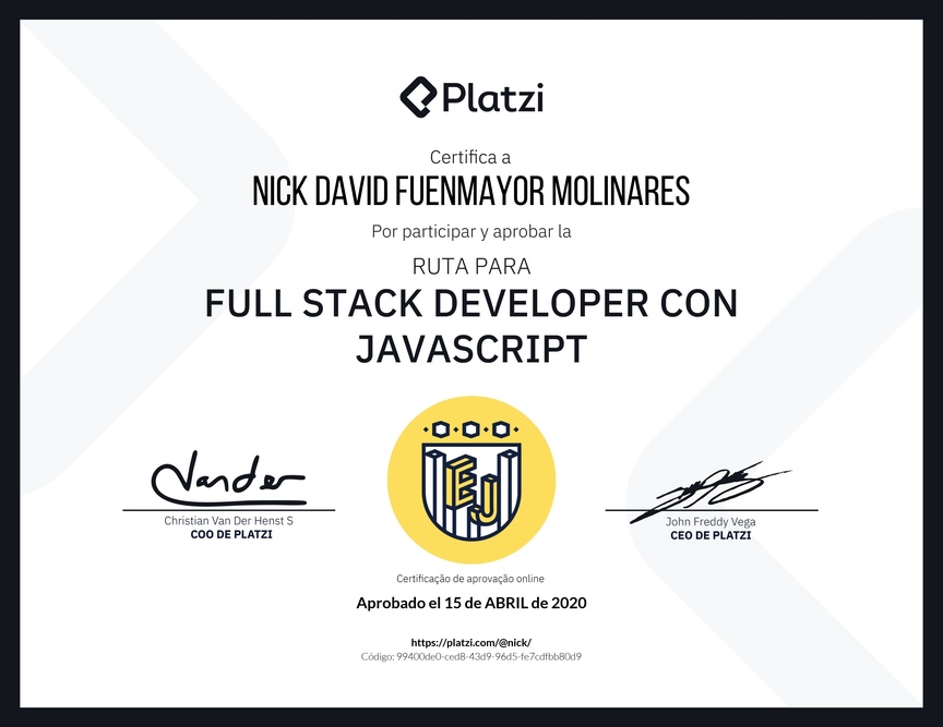 Diploma de la Ruta de Aprendizaje de Full Stack Developer con JavaScript