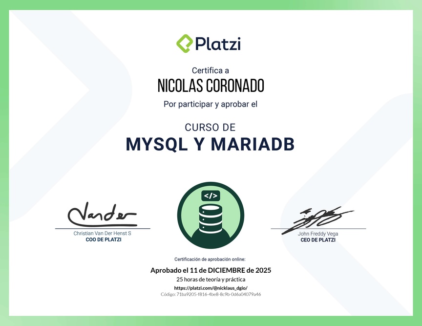 Diploma del Curso de Bases de Datos con MySQL y MariaDB