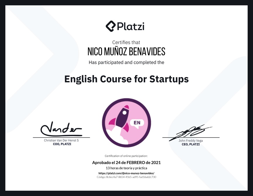 Diploma del Curso para Startups en Inglés (2021)