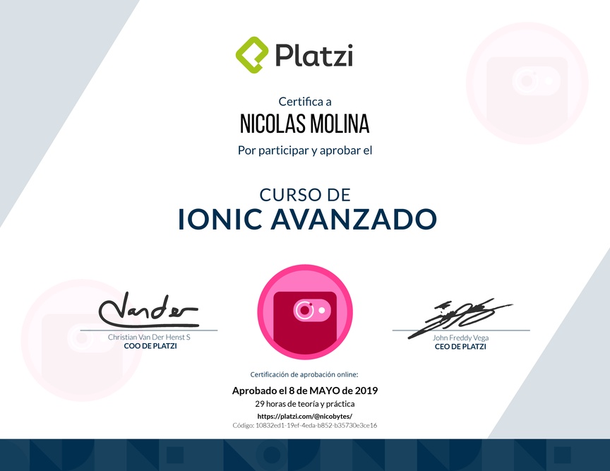 Diploma del Curso de Ionic Avanzado 2017