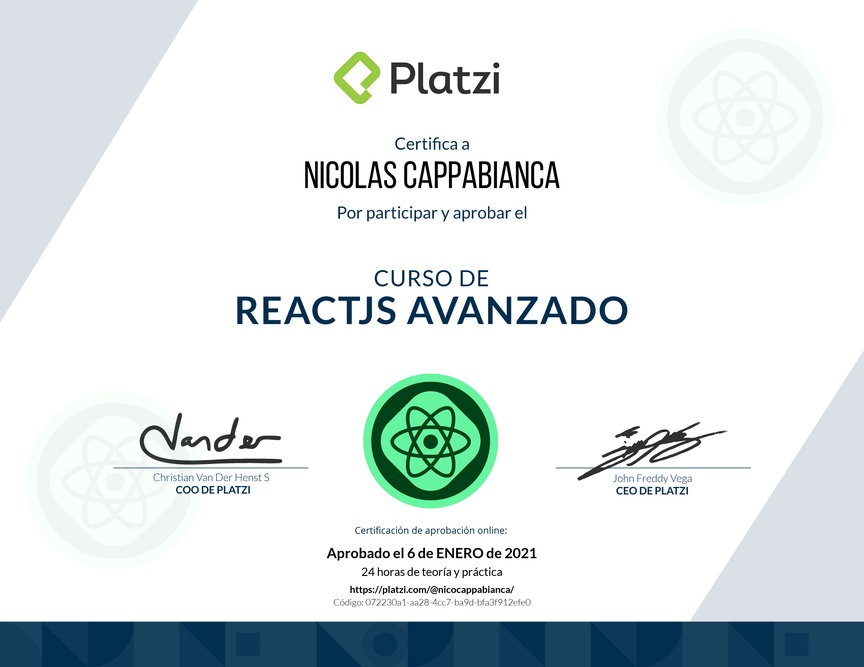 Diploma del Curso de React Avanzado
