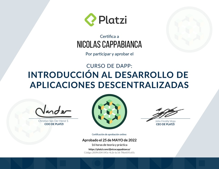 Diploma del Curso de Dapps: Introducción al Desarrollo de Aplicaciones Descentralizadas