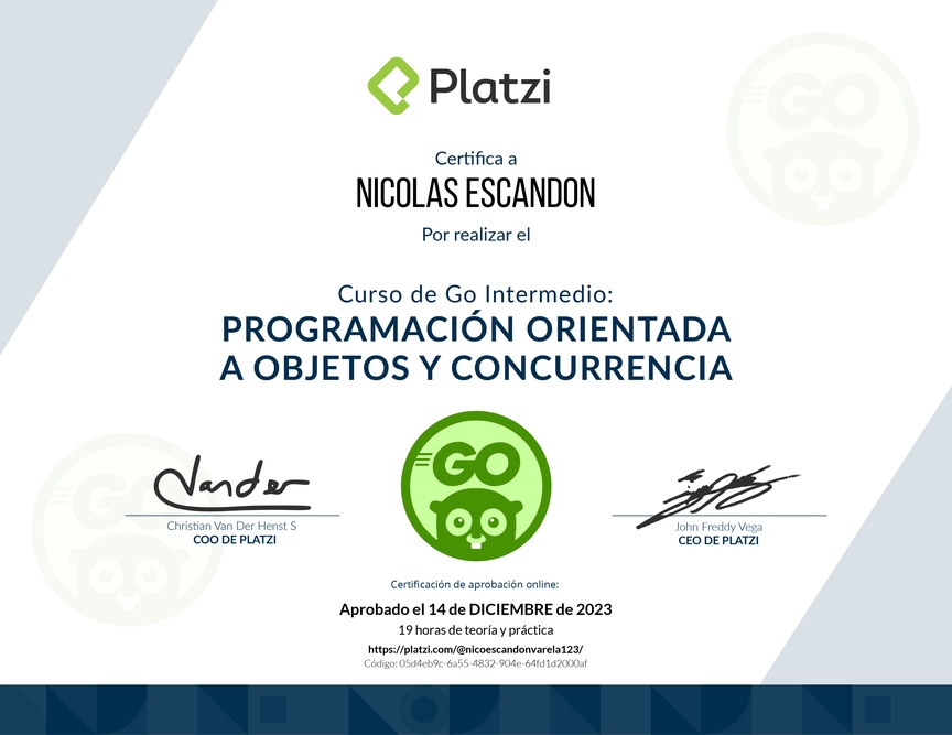 Diploma del Curso de Go Intermedio: Programación Orientada a Objetos y Concurrencia