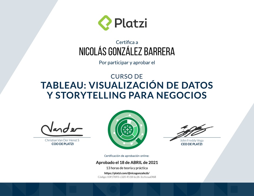 Diploma del Curso de Tableau: Visualización de Datos y Storytelling para Negocios