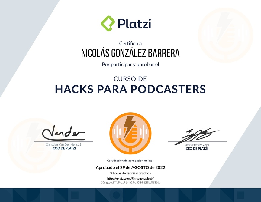 Diploma del Curso de Hacks para Mejorar tus Podcasts