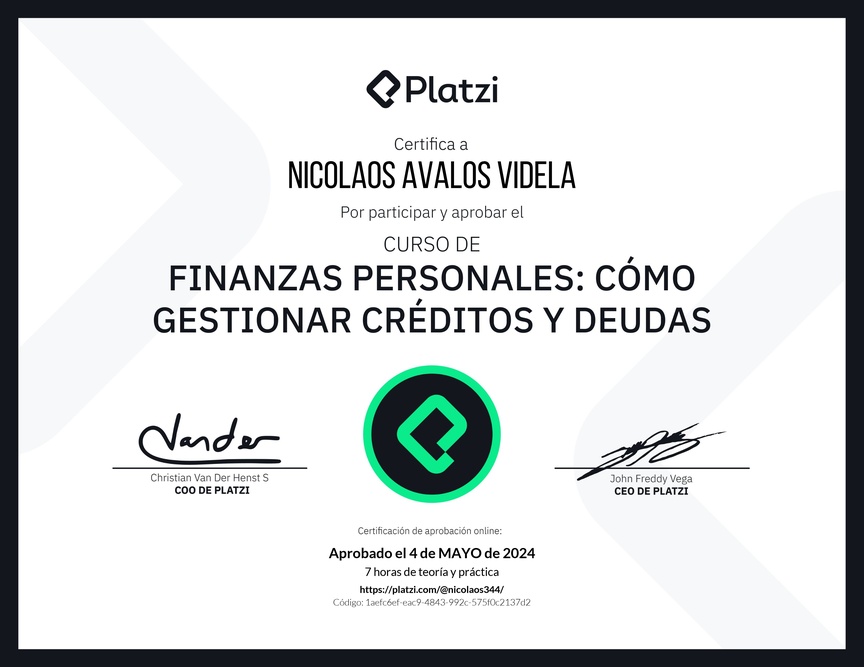 Diploma del Curso de Finanzas Personales: Cómo Gestionar Créditos y Deudas