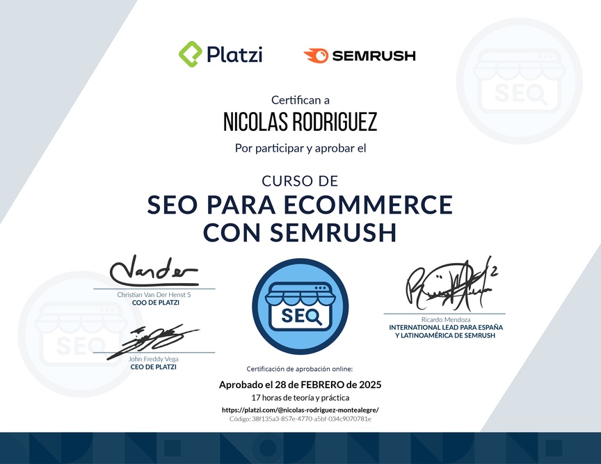 Diploma del Curso de SEO para E-Commerce con Semrush
