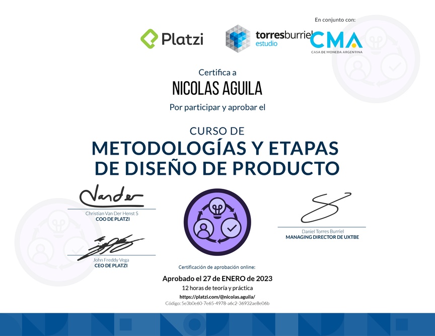 Diploma del Curso de Metodologías de Diseño de Productos Digitales