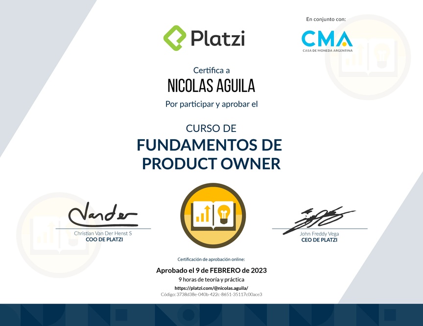 Diploma del Curso de Fundamentos de Product Owner