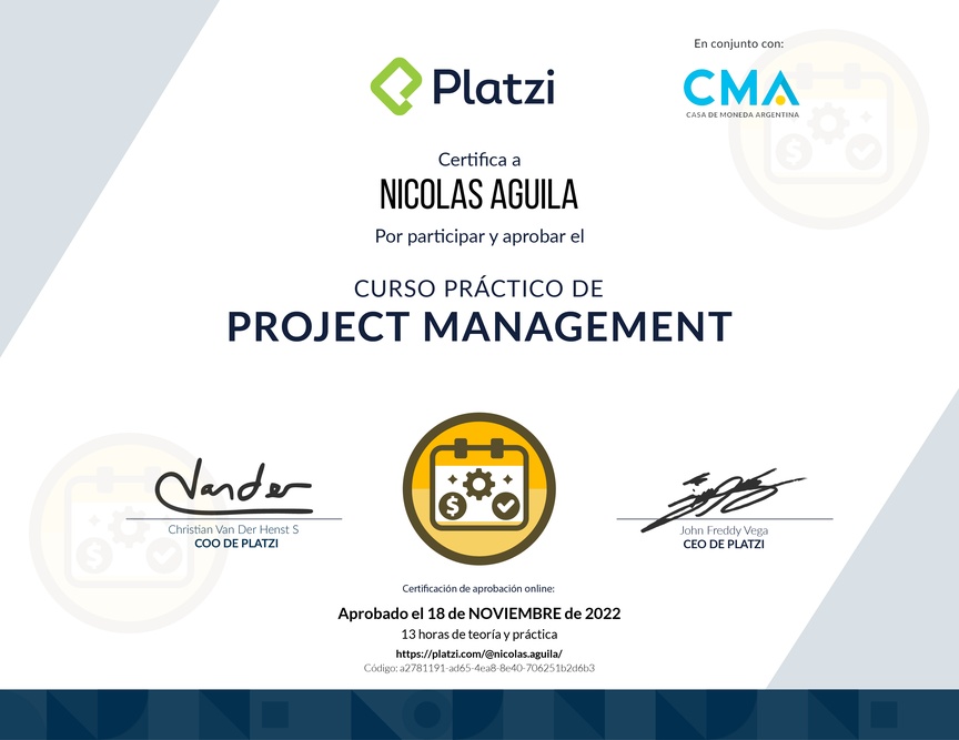 Diploma del Curso Práctico de Project Management