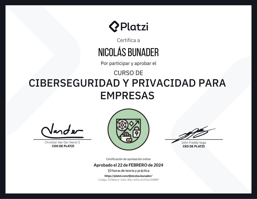Diploma del Curso de Ciberseguridad y Privacidad Empresarial (2023)