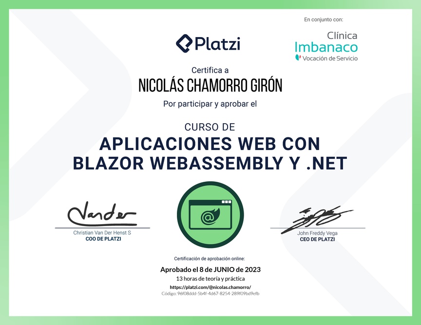 Diploma del Curso de Aplicaciones Web con Blazor WebAssembly y .NET