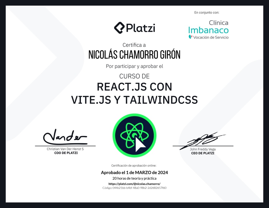 Diploma del Curso de React.js con Vite.js y TailwindCSS