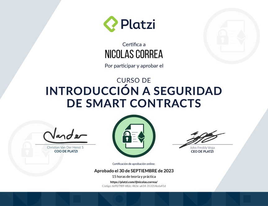 Diploma del Curso de Introducción a Seguridad de Smart Contracts